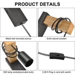 Apliques de pared madera "RUDER" - Con interruptor y enchufe - E27
