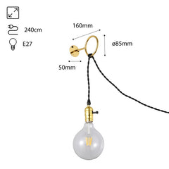 Aplique de Pared Interior Dorado con Enchufe y Interruptor para Dormitorio, Escalera, Escritorio