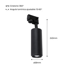 Foco de carril monofásico con ángulo lumínico ajustable y articulado de 8W zoom