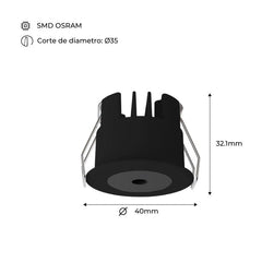 Downlight LED Mini 3W - Chip OSRAM - Bajo UGR - CRI 90 - Ø 40mm