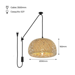 Lámpara colgante de mimbre "Yonna" con cable y enchufe