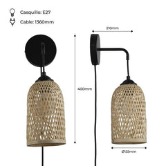 Aplique de pared de mimbre con enchufe "Frida" E27