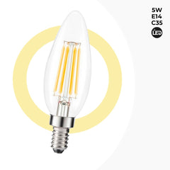 Bombilla LED filamento Vela E14 C35 - 5W - Transparente