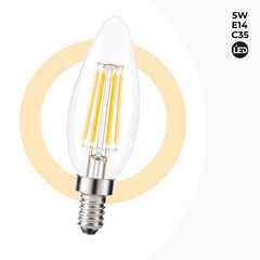 Bombilla LED filamento Vela E14 C35 - 5W - Transparente