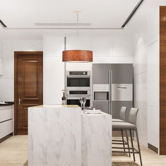 Lampara colgante con pantalla efecto madera "MATAGALLS" - 3xE27