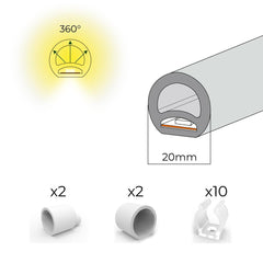 Neón LED flexible circular - 24V DC - Instalación sobre superficie - Ø20mm - 5 metros - 13W/m - Kit completo - IP67
