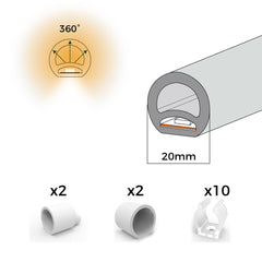 Neón LED flexible circular - 24V DC - Instalación sobre superficie - Ø20mm - 5 metros - 13W/m - Kit completo - IP67