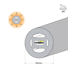 Neón LED flexible 360º circular - Ø22mm - 2 metros - 24V DC - 240Ch/m - 19,2W/m - IP65