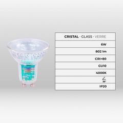 Bombilla LED GU10 6W cristal - 130lm/W - PAR16 - 36°