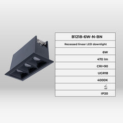 Foco lineal LED empotrable triple 6W - UGR18 - CRI90 - Chip OSRAM