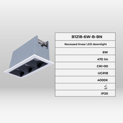 Foco lineal LED empotrable triple 6W - UGR18 - CRI90 - Chip OSRAM