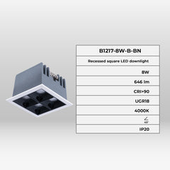 Downlight LED cuadrado empotrable 8W - 4 Focos - UGR18 - CRI90 - Chip OSRAM