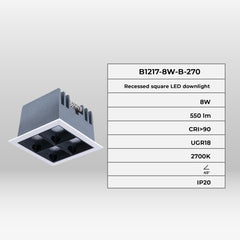 Downlight LED cuadrado empotrable 8W - 4 Focos - UGR18 - CRI90 - Chip OSRAM