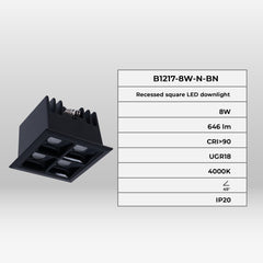 Downlight LED cuadrado empotrable 8W - 4 Focos - UGR18 - CRI90 - Chip OSRAM