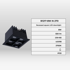 Downlight LED cuadrado empotrable 8W - 4 Focos - UGR18 - CRI90 - Chip OSRAM