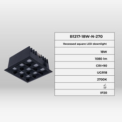Downlight LED cuadrado empotrable 18W - 9 Focos - UGR18 - CRI90 - Chip OSRAM