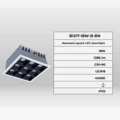 Downlight LED cuadrado empotrable 18W - 9 Focos - UGR18 - CRI90 - Chip OSRAM