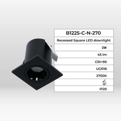 Downlight LED empotrable cuadrado 2W - Chip Osram - UGR18 - Corte Ø 25mm - Negro
