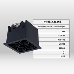 Downlight LED empotrable cuadrado 8W - Chip Osram - UGR18 - Corte 48 x 48 mm
