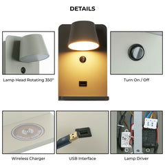Aplique de pared para lectura con puerto USB "BASKOP W" - 6W - Base carga inalámbrica
