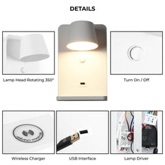 Aplique de pared para lectura con puerto USB "BASKOP W" - 6W - Base carga inalámbrica