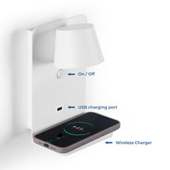 Aplique de pared para lectura con puerto USB "BASKOP W" - 6W - Base carga inalámbrica
