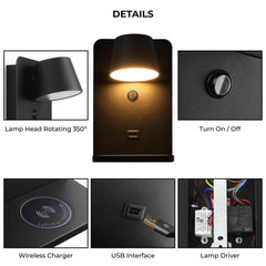 Aplique de pared para lectura con puerto USB "BASKOP W" - 6W - Base carga inalámbrica