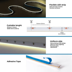 Tira LED COB 24V DC monocolor - Emisión lateral - 9W/m - 8mm - IP20 - Corte c/ 3cm - Rollo de 5 metros