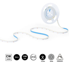 Tira LED COB 24V DC monocolor - Emisión lateral - 9W/m - 8mm - IP20 - Corte c/ 3cm - Rollo de 5 metros