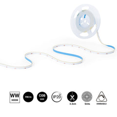 Tira LED COB 24V DC monocolor - Emisión lateral - 9W/m - 8mm - IP20 - Corte c/ 3cm - Rollo de 5 metros