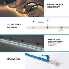 Tira LED COB 24V DC CCT - Emisión lateral - 12W/m - 10mm - IP20 - Corte c/ 5cm - Rollo de 5 metros