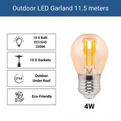 Kit guirnalda luces exterior 11,5 metros + 10 bombillas LED G45/E27 filamento 4W - 2200K - IP44