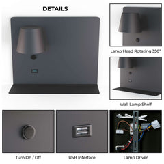 Aplique de pared para lectura con puerto USB "BASKOP" - 6W - Izquierda