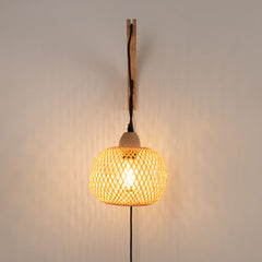 Aplique de pared de mimbre y madera "Phuket" - Con cable y enchufe - E27