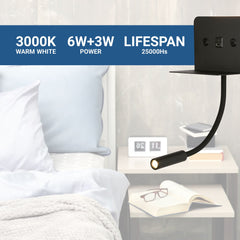 Aplique de pared para lectura "SLANGE 2" - 3W + 6W - Puerto USB + USB-C