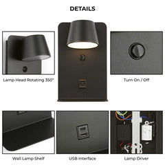 Aplique de pared para lectura "BASKOP" - Puerto USB + USB-C - 6W