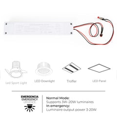 Driver LED para emergencia - Salida 3-20W - 2h autonomía - Luz 3-20W