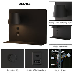 Aplique de pared para lectura con puerto USB y USBC "BASKOP" - 6W - Izquierda y Derecha