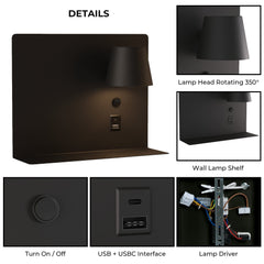 Aplique de pared para lectura "BASKOP" - 6W - CCT - Puerto USB + USB-C