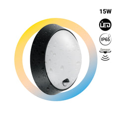 Plafón LED exterior redondo con sensor PIR - 15W - CCT - IP65