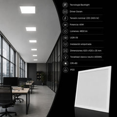 Panel LED empotrable Backlight 62x62cm - 4800lm - Driver Osram- 40W - UGR18 - IP20