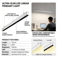 Luminaria colgante lineal LED 30W 120cm 2750lm de bajo UGR16