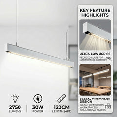 Luminaria colgante lineal LED 30W 120cm 2750lm de bajo UGR16
