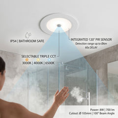 Downlight LED con sensor PIR "CLIO" - 8W - CCT - 700lm - Corte Ø85mm - IP54