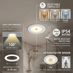 Downlight LED con sensor PIR "CLIO" - 8W - CCT - 700lm - Corte Ø85mm - IP54