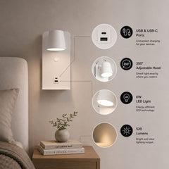Aplique de pared para lectura "BASKOP" - Puerto USB + USB-C - 6W