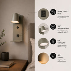 Aplique de pared para lectura "BASKOP" - Puerto USB + USB-C - 6W