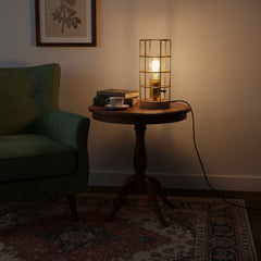 Lámpara vintage de mesa de estilo industrial madera y rejilla "GREGOR"