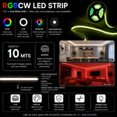 Tira LED COB 24V DC - RGBCW - 19W/m - 12mm - IP20 - Rollo de 10 metros - Corte 33mm