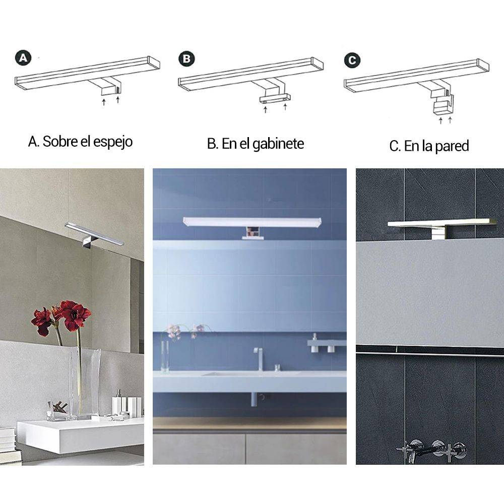 Aplique espejo baño LED 10W - Fijación en espejo, mueble o pared - 50cm